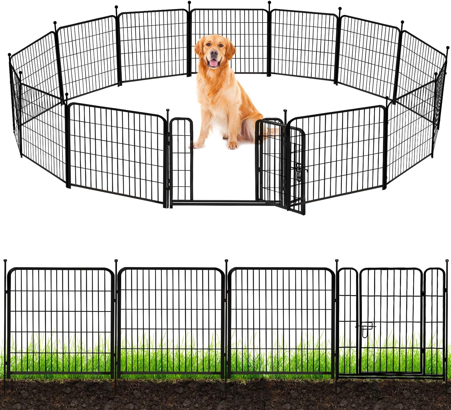 ADAVIN Valla de jardín de metal con puerta de 40 pulgadas de alto x 18 pies de largo, 8 paneles de valla de barrera alta para animales, borde de metal de hierro resistente negro, corral para perros para interiores y exteriores, valla de caravana sin excav