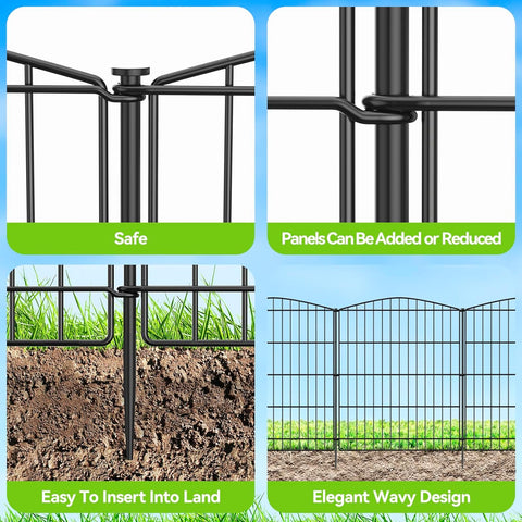 INJOPEXI Valla de jardín 6 paneles de 11.8 pies de largo x 30 pulgadas de alto, valla decorativa para jardín con 5 paneles + 1 puerta de alambre inoxidable sin excavar, valla de jardín de animales para exteriores, para patio trasero, patio, color negro