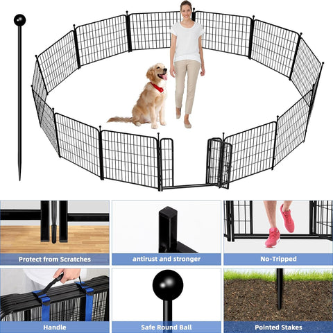 ADAVIN Valla de jardín de metal con puerta de 40 pulgadas de alto x 18 pies de largo, 8 paneles de valla de barrera alta para animales, borde de metal de hierro resistente negro, corral para perros para interiores y exteriores, valla de caravana sin excav