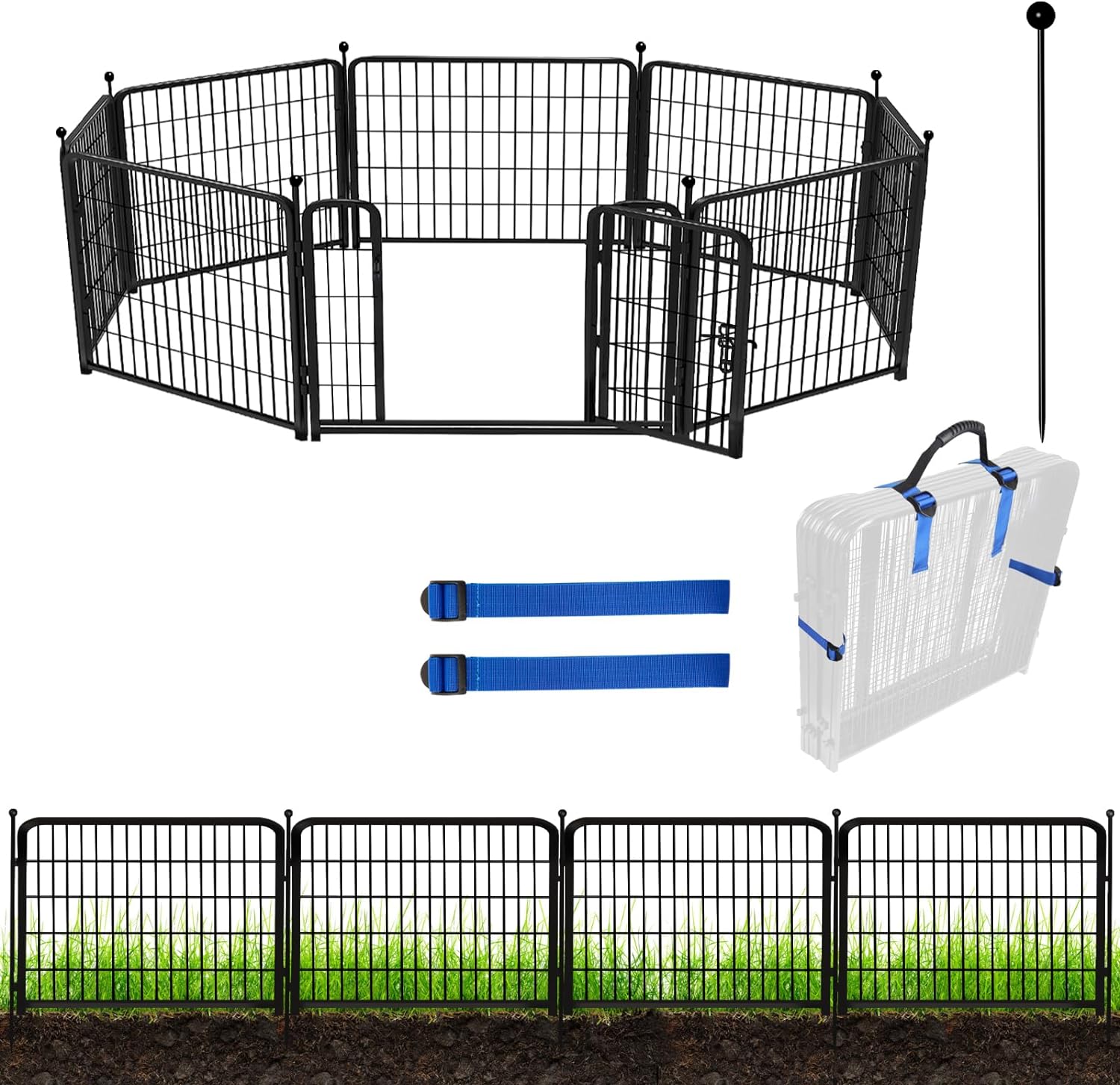 ADAVIN Valla de jardín de metal con puerta de 40 pulgadas de alto x 18 pies de largo, 8 paneles de valla de barrera alta para animales, borde de metal de hierro resistente negro, corral para perros para interiores y exteriores, valla de caravana sin excav