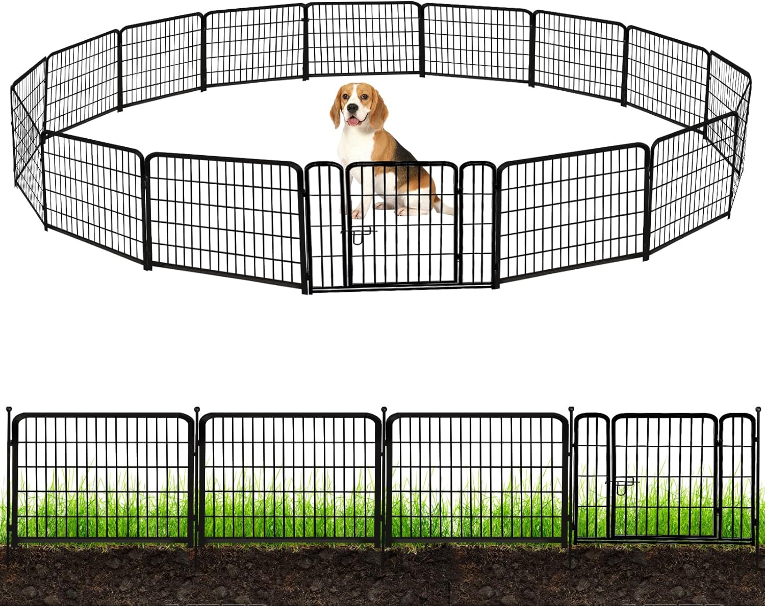 ADAVIN Valla de jardín de metal con puerta de 40 pulgadas de alto x 18 pies de largo, 8 paneles de valla de barrera alta para animales, borde de metal de hierro resistente negro, corral para perros para interiores y exteriores, valla de caravana sin excav