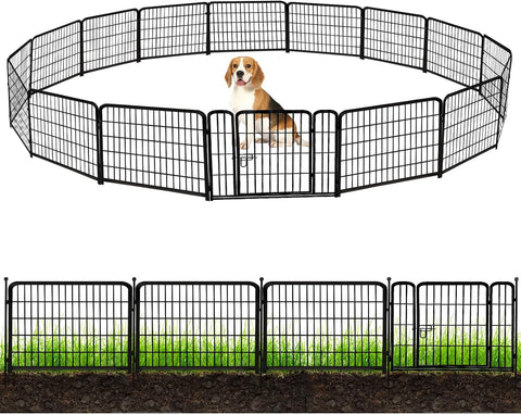 ADAVIN Valla de jardín de metal con puerta de 40 pulgadas de alto x 18 pies de largo, 8 paneles de valla de barrera alta para animales, borde de metal de hierro resistente negro, corral para perros para interiores y exteriores, valla de caravana sin excav