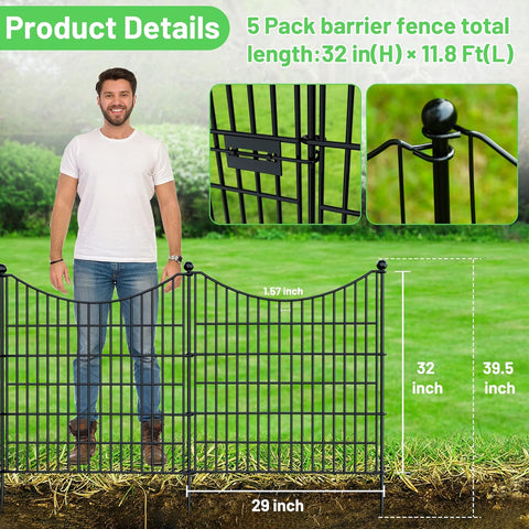 10 paneles de 32 pulgadas de alto x 23.6 pies de largo, valla decorativa de jardín al aire libre sin excavación para patio, barrera de animales, borde de alambre de metal inoxidable para perros, conejos y patio, estacas temporales para defensa de suelo