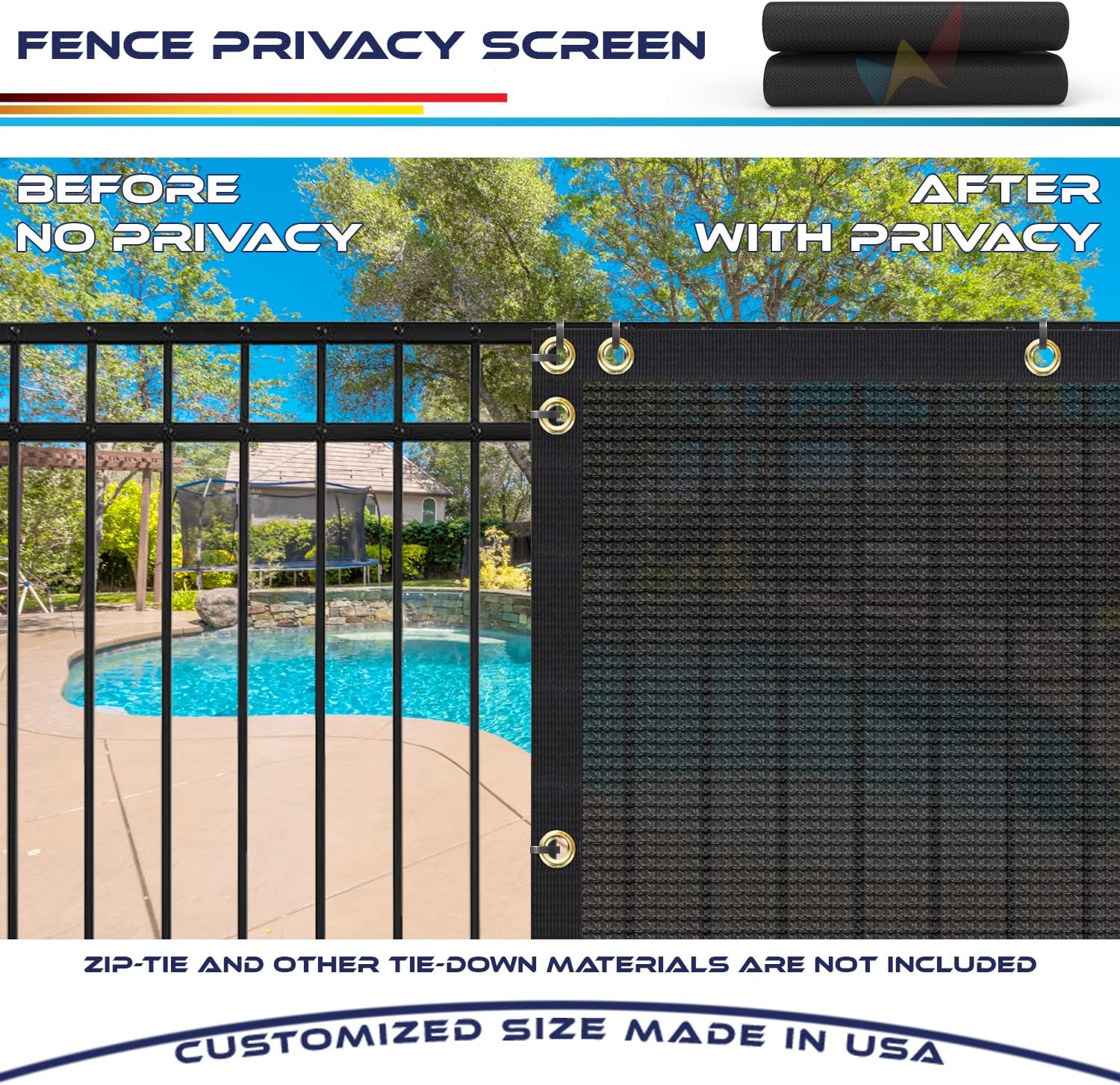 Windscreen4less - Cerca de privacidad resistente de 6 x 50 pies, color negro, ojales de latón, 4.42 onzas por yarda cuadrada, personalizable