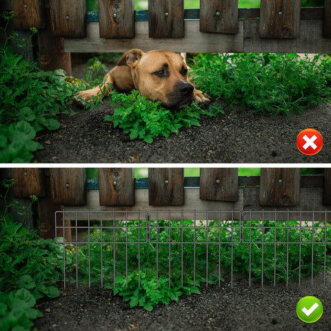 Paquete de 25 vallas de barrera de animales, 17 pulgadas de alto x 27 pies de largo, valla decorativa de jardín sin excavación, panel de alambre de metal inoxidable para perros, conejos, estacas de suelo, valla y patio de paisaje al aire libre