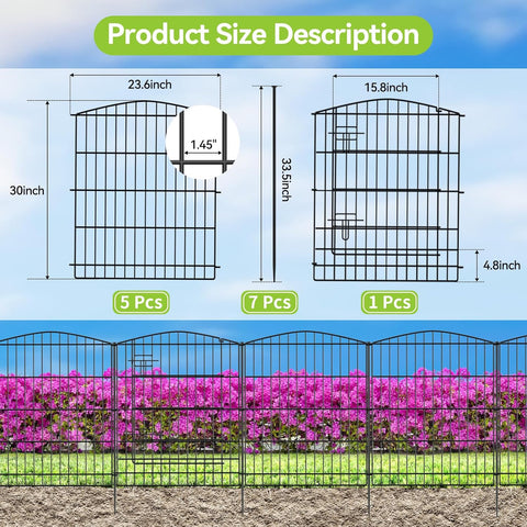INJOPEXI Valla de jardín 6 paneles de 11.8 pies de largo x 30 pulgadas de alto, valla decorativa para jardín con 5 paneles + 1 puerta de alambre inoxidable sin excavar, valla de jardín de animales para exteriores, para patio trasero, patio, color negro