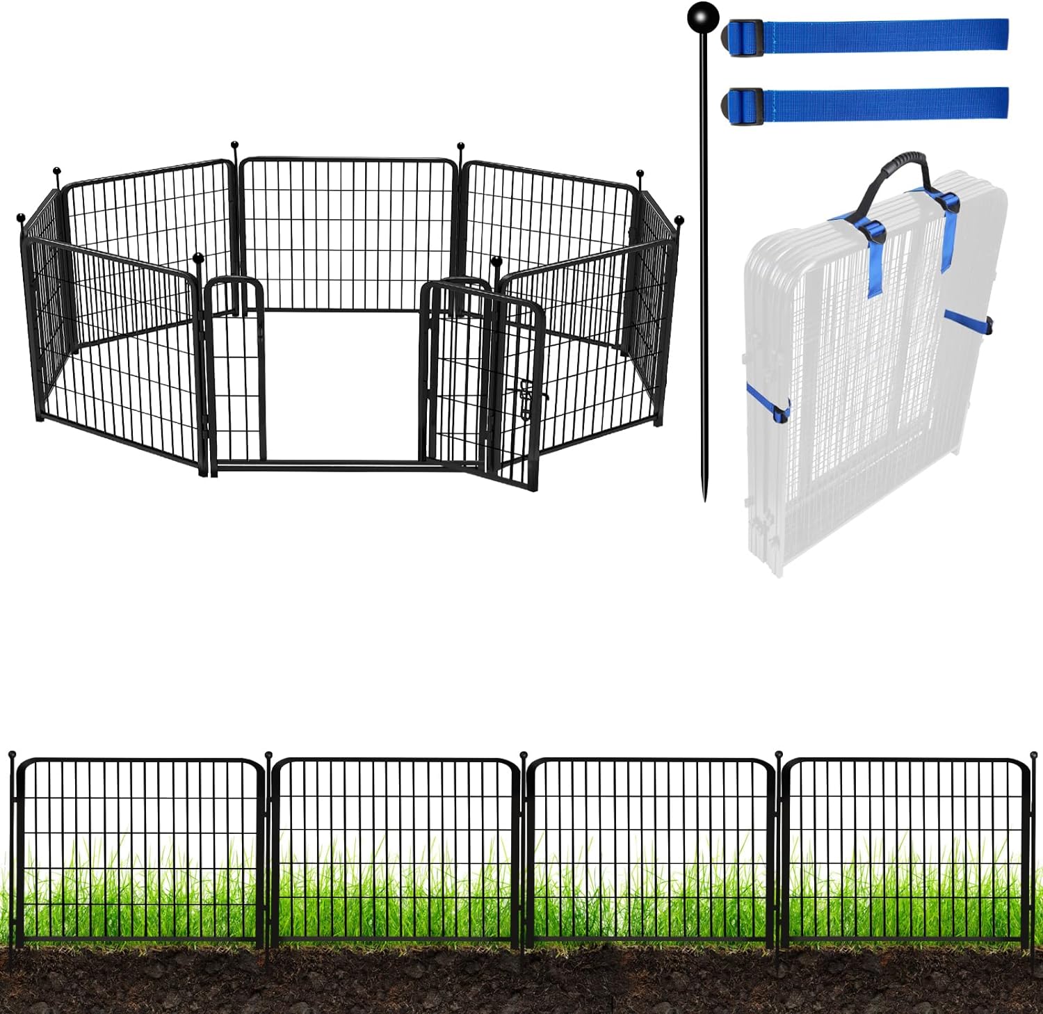 ADAVIN Valla de jardín de metal con puerta de 40 pulgadas de alto x 18 pies de largo, 8 paneles de valla de barrera alta para animales, borde de metal de hierro resistente negro, corral para perros para interiores y exteriores, valla de caravana sin excav