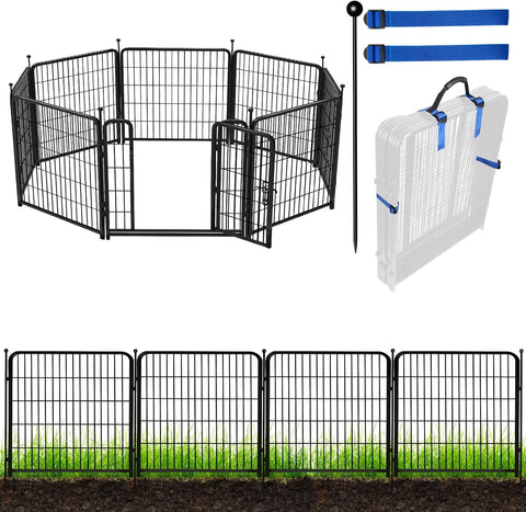 ADAVIN Valla de jardín de metal con puerta de 40 pulgadas de alto x 18 pies de largo, 8 paneles de valla de barrera alta para animales, borde de metal de hierro resistente negro, corral para perros para interiores y exteriores, valla de caravana sin excav