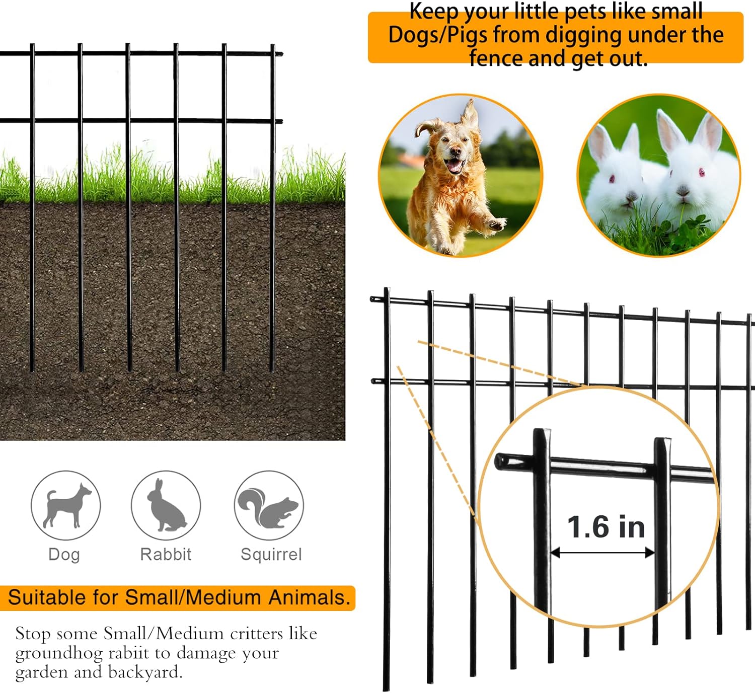 ADAVIN - Paquete de 24 vallas de barrera de animales negros – Valla decorativa de jardín sin excavación de 1.5 pulgadas de espacio de 1.5 pulgadas, borde de panel disuasorio de metal a prueba de óxido para perros, conejos, estacas de suelo, patio al aire