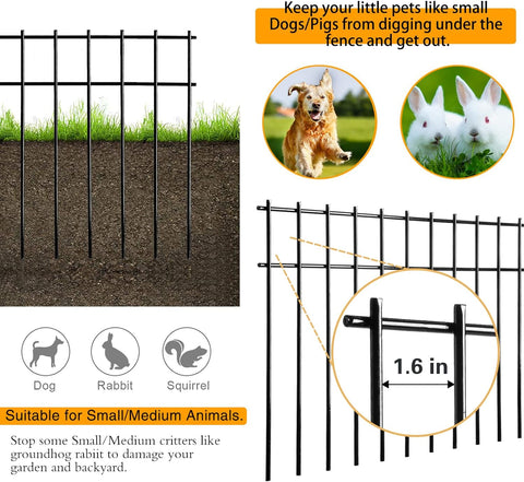 ADAVIN - Paquete de 24 vallas de barrera de animales negros – Valla decorativa de jardín sin excavación de 1.5 pulgadas de espacio de 1.5 pulgadas, borde de panel disuasorio de metal a prueba de óxido para perros, conejos, estacas de suelo, patio al aire