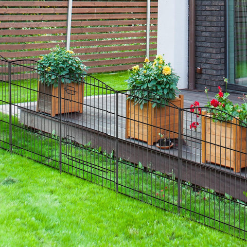INJOPEXI Valla de jardín 6 paneles de 11.8 pies de largo x 30 pulgadas de alto, valla decorativa para jardín con 5 paneles + 1 puerta de alambre inoxidable sin excavar, valla de jardín de animales para exteriores, para patio trasero, patio, color negro