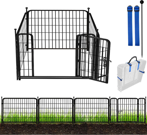 ADAVIN Valla de jardín de metal con puerta de 40 pulgadas de alto x 18 pies de largo, 8 paneles de valla de barrera alta para animales, borde de metal de hierro resistente negro, corral para perros para interiores y exteriores, valla de caravana sin excav