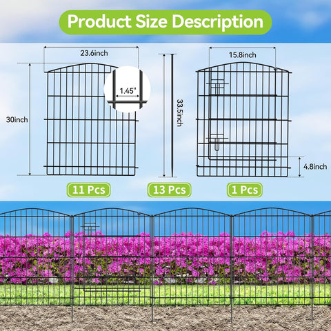 INJOPEXI Valla de jardín 6 paneles de 11.8 pies de largo x 30 pulgadas de alto, valla decorativa para jardín con 5 paneles + 1 puerta de alambre inoxidable sin excavar, valla de jardín de animales para exteriores, para patio trasero, patio, color negro