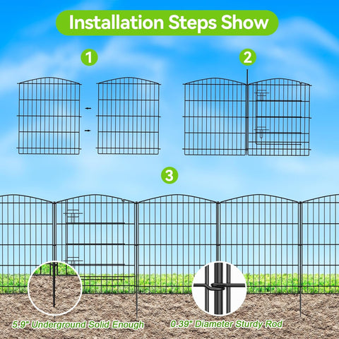 INJOPEXI Valla de jardín 6 paneles de 11.8 pies de largo x 30 pulgadas de alto, valla decorativa para jardín con 5 paneles + 1 puerta de alambre inoxidable sin excavar, valla de jardín de animales para exteriores, para patio trasero, patio, color negro