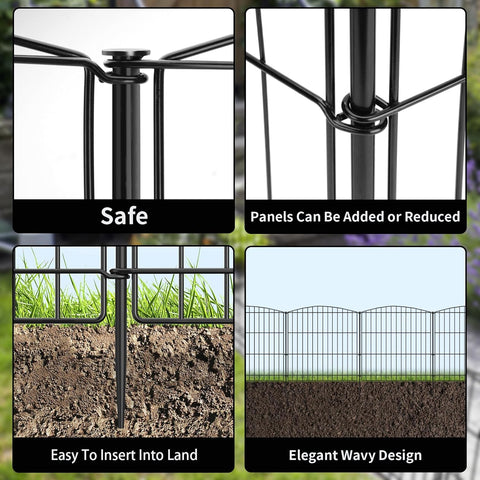 INJOPEXI Valla de jardín 6 paneles de 11.8 pies de largo x 30 pulgadas de alto, valla decorativa para jardín con 5 paneles + 1 puerta de alambre inoxidable sin excavar, valla de jardín de animales para exteriores, para patio trasero, patio, color negro