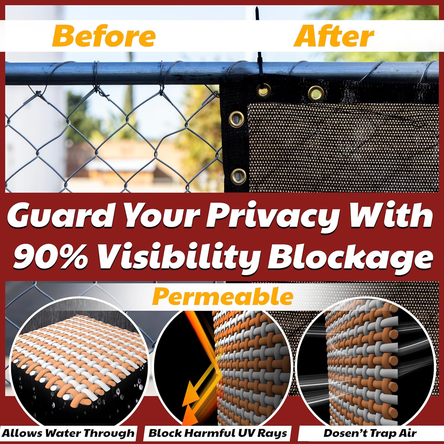 Amgo 4' x 50' Black Fence Privacy Screen, Commercial Standard Heavy Duty Windscreen with Bindings & Grommets, 90% Blockage, Cable Zip Ties Included (We Make Custom Size)