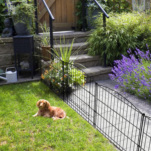 INJOPEXI Valla de jardín 6 paneles de 11.8 pies de largo x 30 pulgadas de alto, valla decorativa para jardín con 5 paneles + 1 puerta de alambre inoxidable sin excavar, valla de jardín de animales para exteriores, para patio trasero, patio, color negro