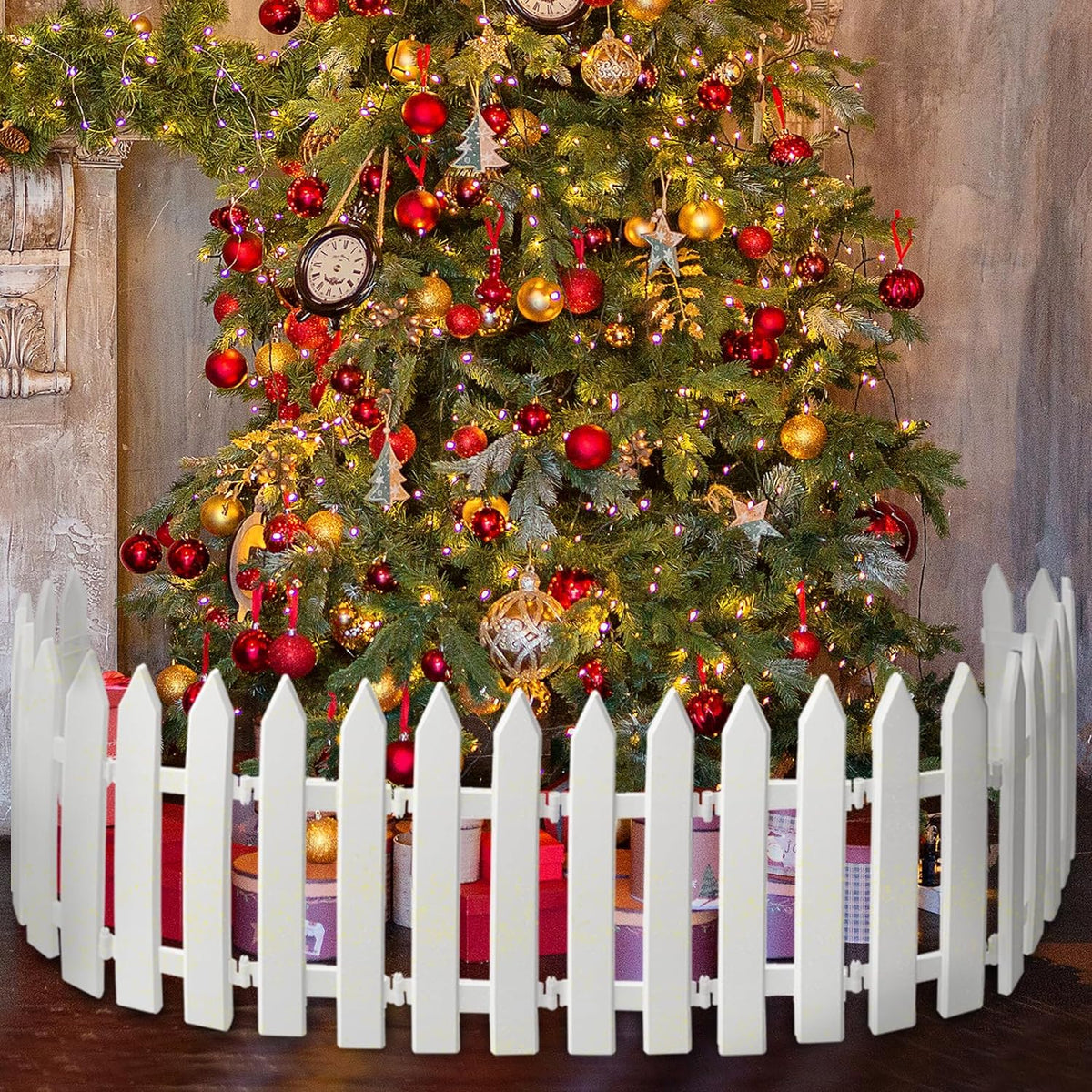 30PCS Christmas Tree Fence Plastic Picket Fence Decoration White with Gold Glitter Heavy Duty Anti-Fall Indoor Outdoor Grass Lawn Decoration