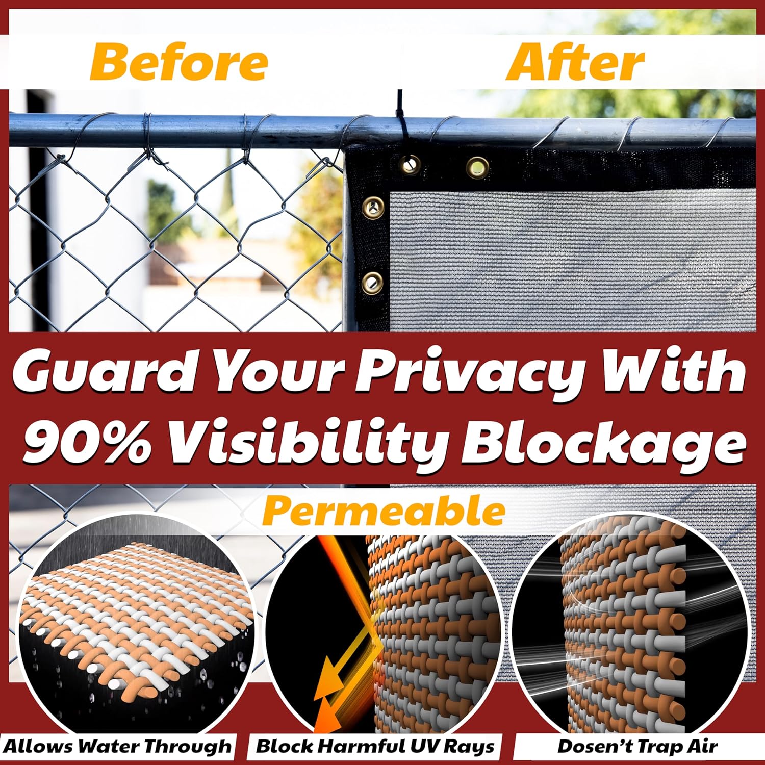 Amgo 4' x 50' Black Fence Privacy Screen, Commercial Standard Heavy Duty Windscreen with Bindings & Grommets, 90% Blockage, Cable Zip Ties Included (We Make Custom Size)