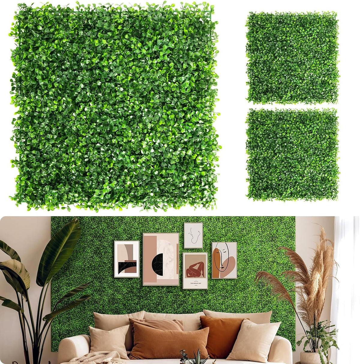 Aboofx Paneles de pared de césped artificial, paquete de 12 paneles de pared de boj de 10 x 10 pulgadas (8.4 pies cuadrados) para decoración de pared interior, paneles de pared de fondo de césped para valla de jardín, pared vegetal, decoración de Navidad