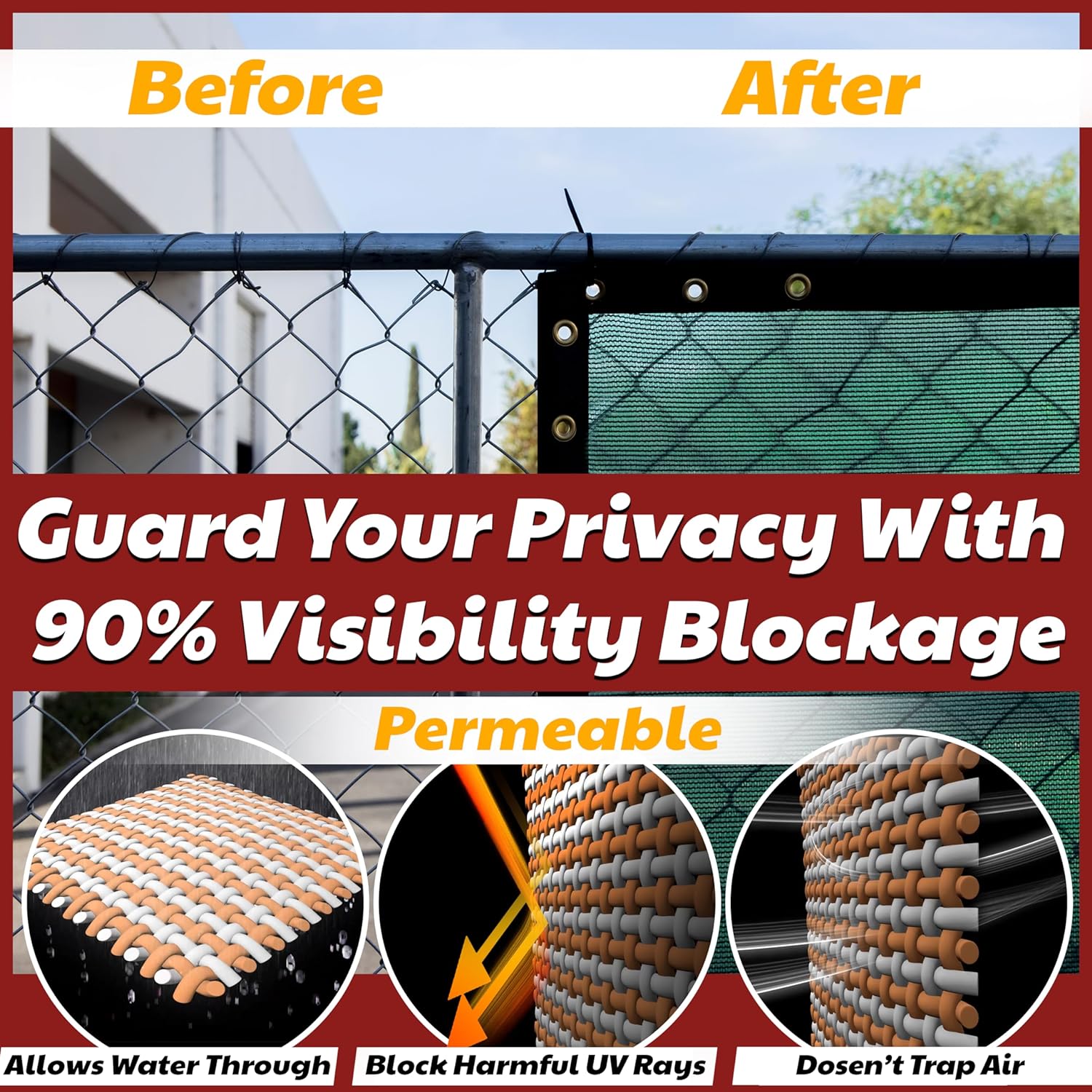 Amgo 4' x 50' Black Fence Privacy Screen, Commercial Standard Heavy Duty Windscreen with Bindings & Grommets, 90% Blockage, Cable Zip Ties Included (We Make Custom Size)