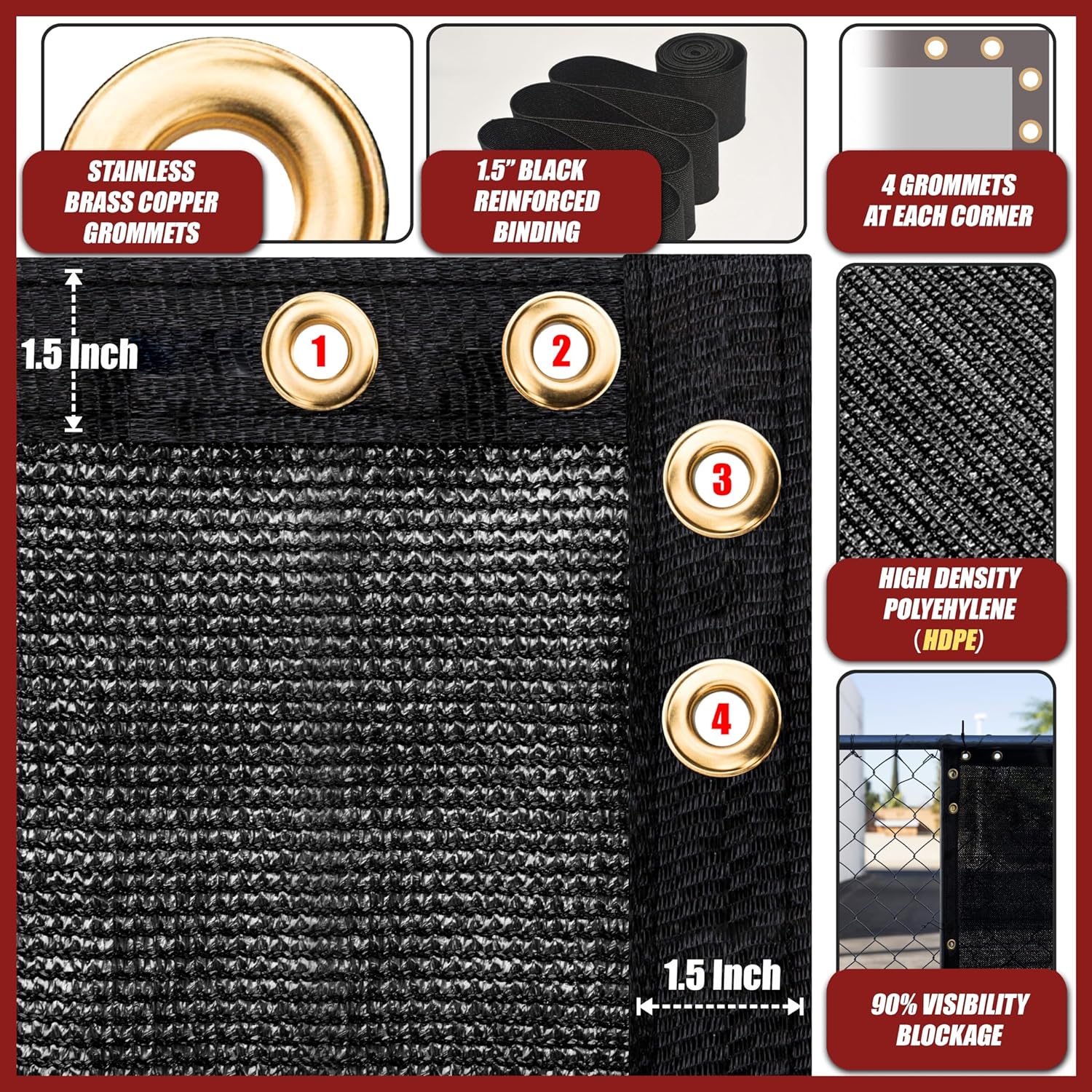 Amgo 4' x 50' Black Fence Privacy Screen, Commercial Standard Heavy Duty Windscreen with Bindings & Grommets, 90% Blockage, Cable Zip Ties Included (We Make Custom Size)