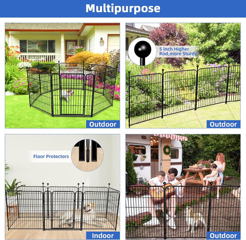 ADAVIN Valla de jardín de metal con puerta de 40 pulgadas de alto x 18 pies de largo, 8 paneles de valla de barrera alta para animales, borde de metal de hierro resistente negro, corral para perros para interiores y exteriores, valla de caravana sin excav