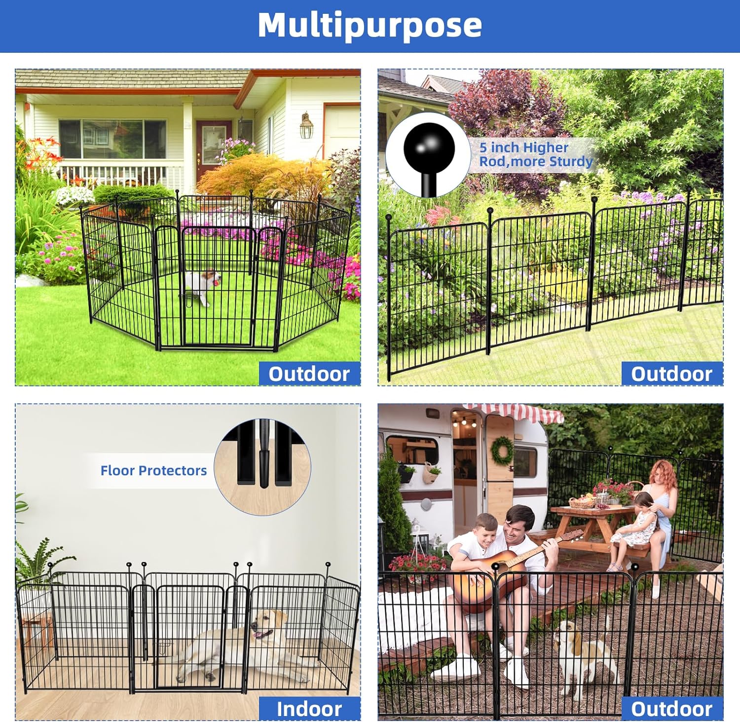 ADAVIN Valla de jardín de metal con puerta de 40 pulgadas de alto x 18 pies de largo, 8 paneles de valla de barrera alta para animales, borde de metal de hierro resistente negro, corral para perros para interiores y exteriores, valla de caravana sin excav