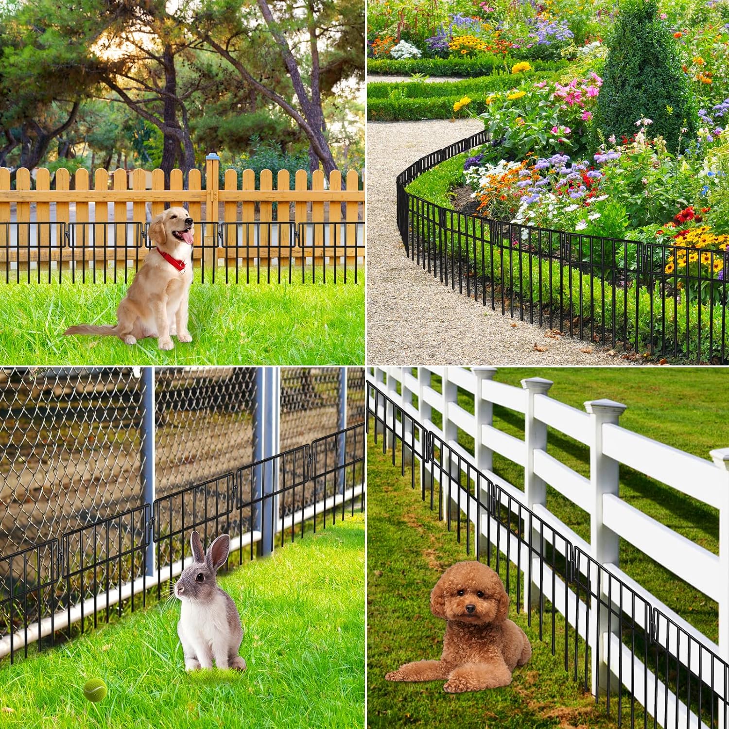 ADAVIN - Paquete de 24 vallas de barrera de animales negros – Valla decorativa de jardín sin excavación de 1.5 pulgadas de espacio de 1.5 pulgadas, borde de panel disuasorio de metal a prueba de óxido para perros, conejos, estacas de suelo, patio al aire