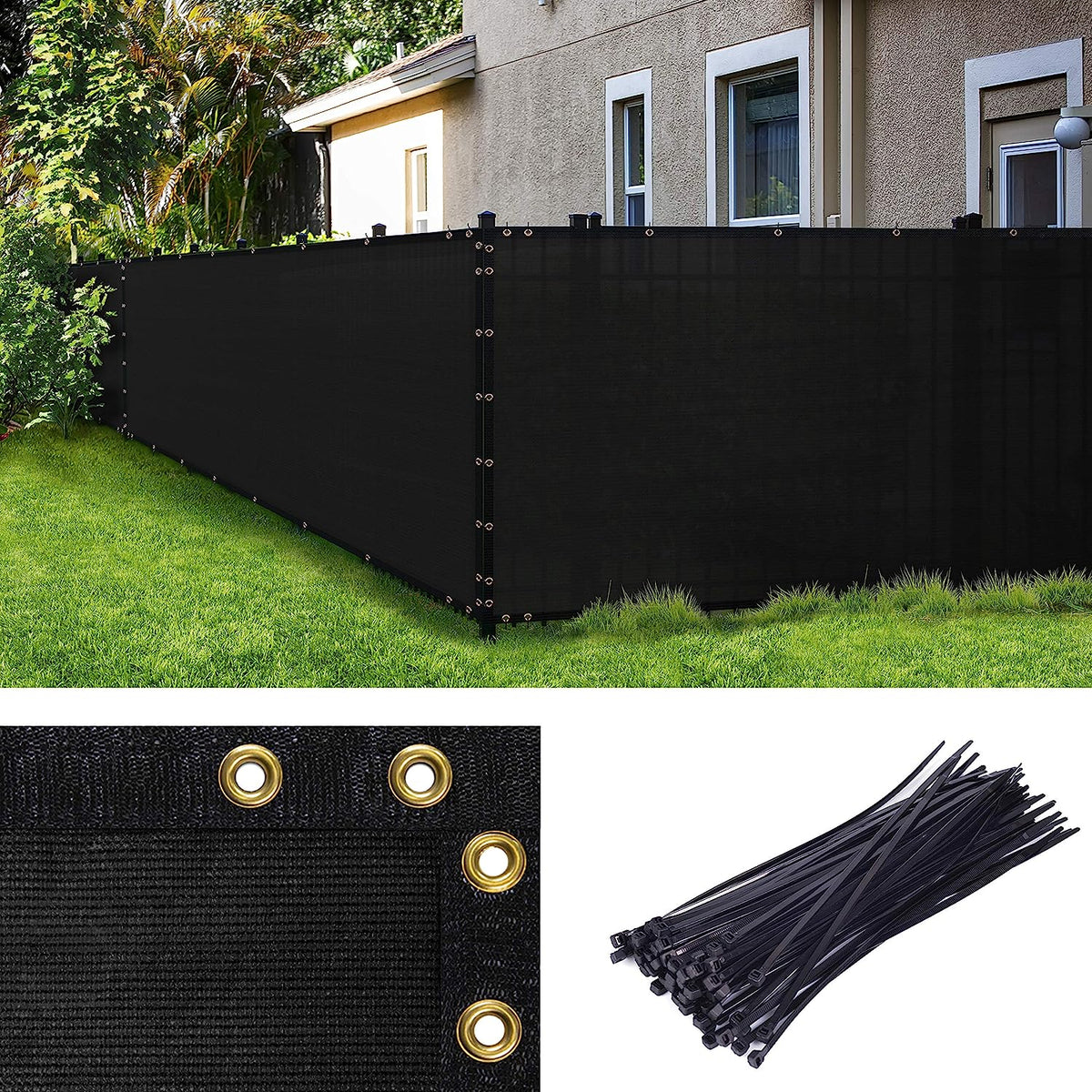 Amgo 4' x 50' Black Fence Privacy Screen, Commercial Standard Heavy Duty Windscreen with Bindings & Grommets, 90% Blockage, Cable Zip Ties Included (We Make Custom Size)